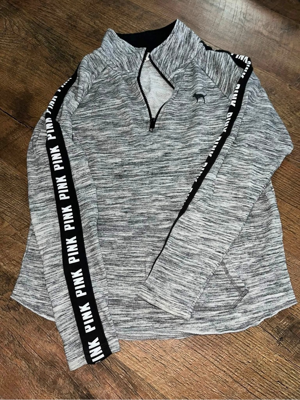 PINK Victoria's Secret Gray Heather Quarter-Zip Pullover with Black Logo Tape
